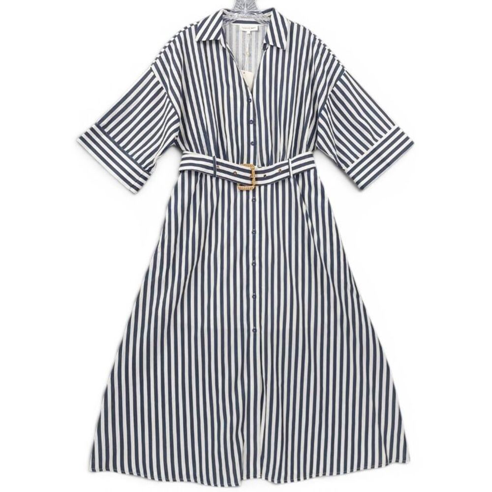 Entro Blue White Stripe Belted Midi Shirt Dress M Coastal Chic Pockets - Picture 2 of 16